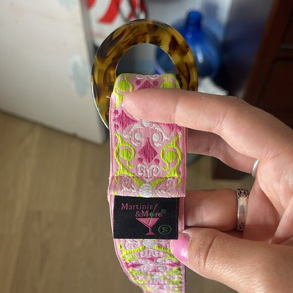 MARTINI’S & MORE Pink and Green Embroidered Tortoise Print Buckle Belt Small